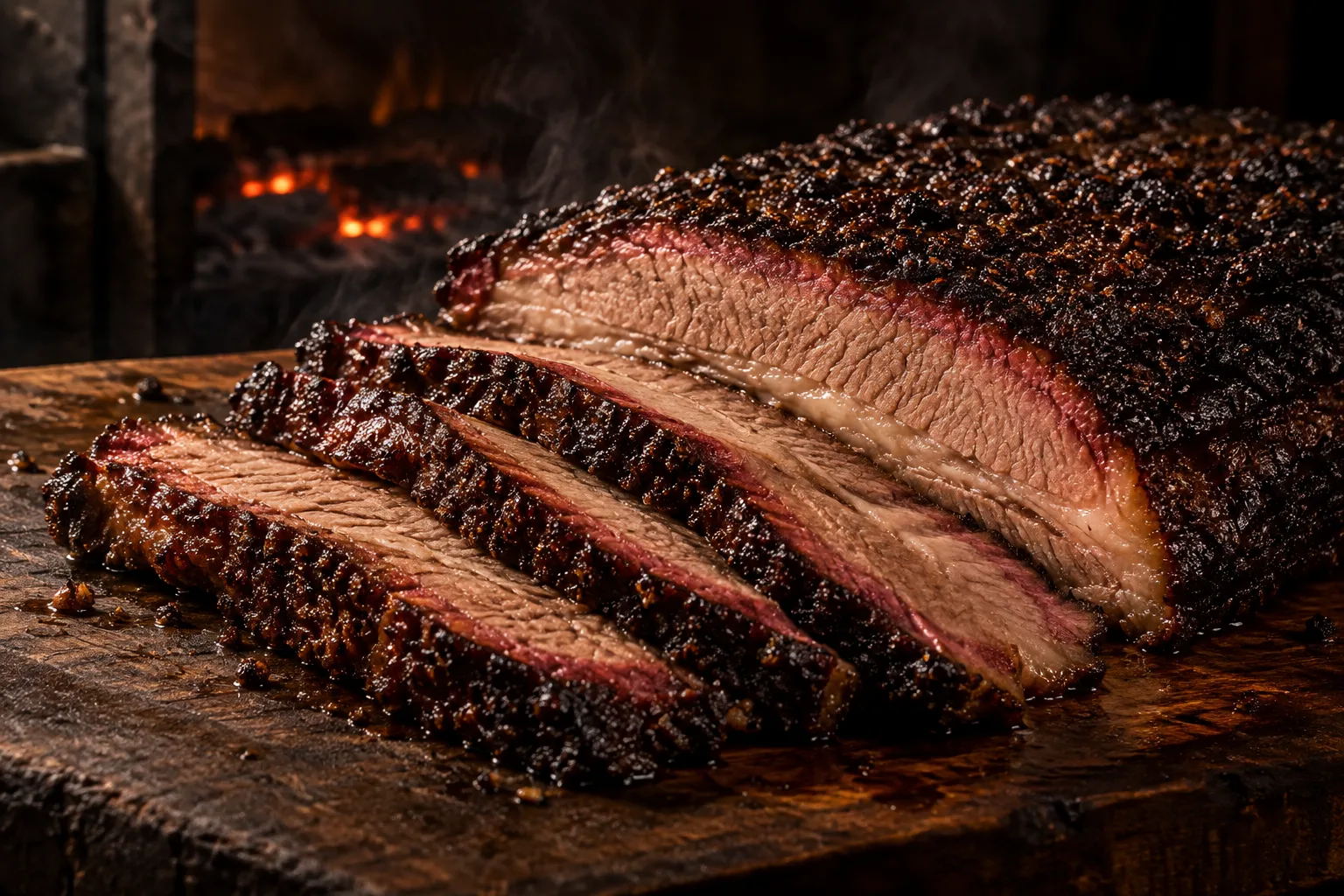 Smoked brisket resting on a wood board